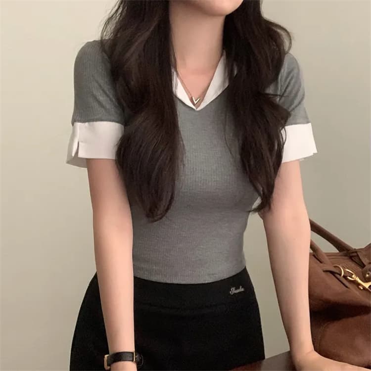 한국 동대문 새로운 품격 몸매 가꾸기 허리 수축 디스플레이 몸 polo 폴로 칼라 배색 패치워크 다용도 반팔 티셔츠 상세 이미지 14