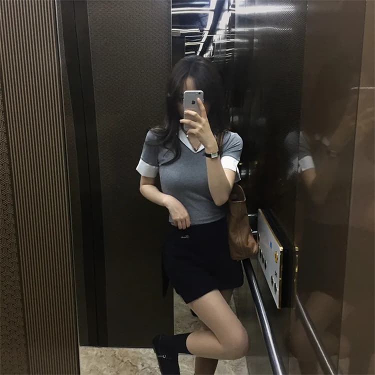 한국 동대문 새로운 품격 몸매 가꾸기 허리 수축 디스플레이 몸 polo 폴로 칼라 배색 패치워크 다용도 반팔 티셔츠 상세 이미지 23
