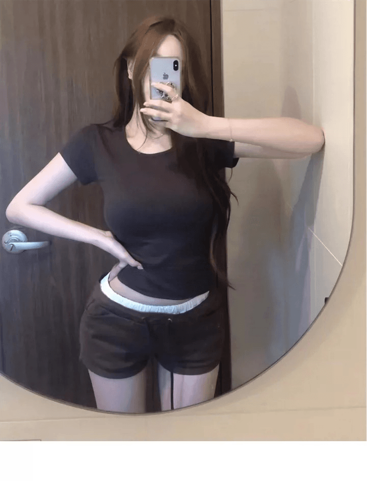 한국 동대문 봄 여름 새로운 품격 u 칼라 쇼트 스타일 이슬 허리 디스플레이 몸 얇은 스타일 마이크로 ~을 통해 다용도 반팔 티셔츠 여성 상세 이미지 4
