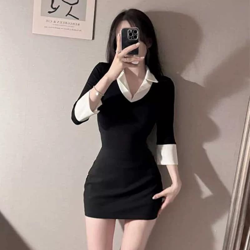 한국 동대문 새로운 품격 V넥 트임 7부 소매 셔츠 칼라 패치워크 색상 몸매 가꾸기 디스플레이 몸 다용도 티셔츠 여성 이미지 4