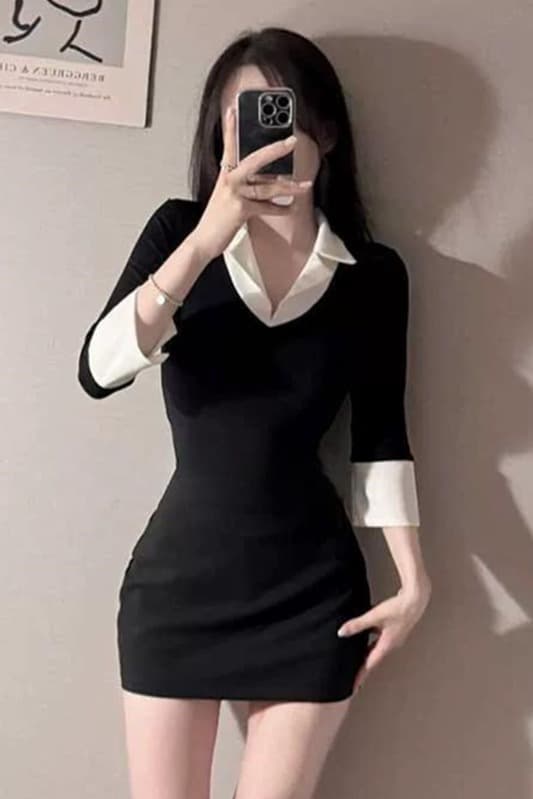 한국 동대문 새로운 품격 V넥 트임 7부 소매 셔츠 칼라 패치워크 색상 몸매 가꾸기 디스플레이 몸 다용도 티셔츠 여성 이미지 7