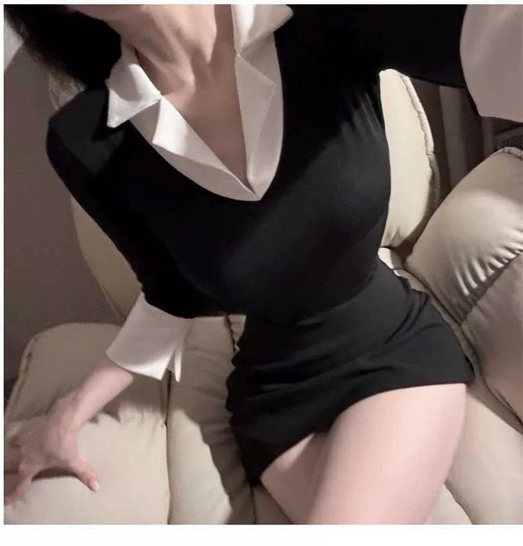 한국 동대문 새로운 품격 V넥 트임 7부 소매 셔츠 칼라 패치워크 색상 몸매 가꾸기 디스플레이 몸 다용도 티셔츠 여성 상세 이미지 2