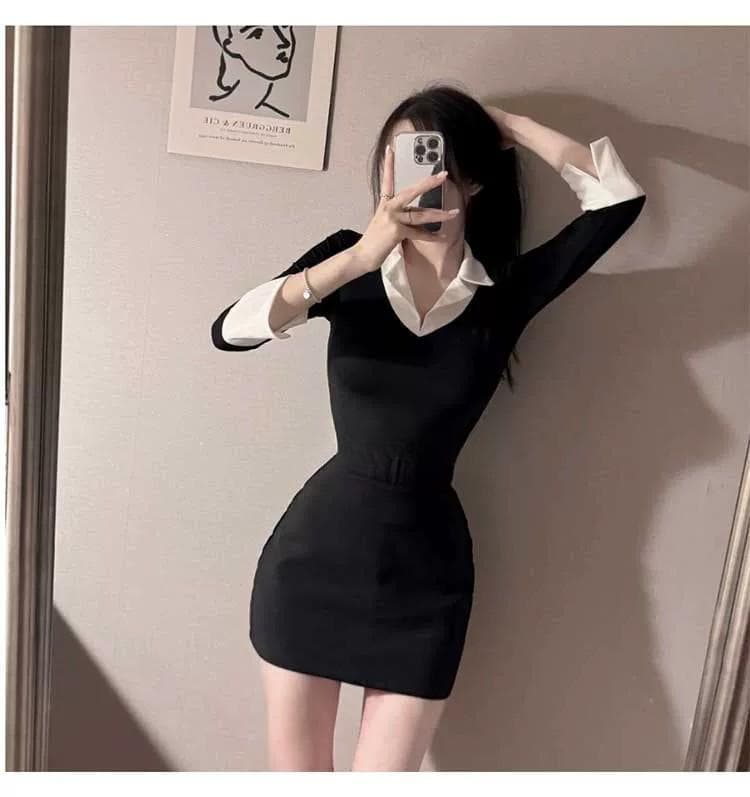한국 동대문 새로운 품격 V넥 트임 7부 소매 셔츠 칼라 패치워크 색상 몸매 가꾸기 디스플레이 몸 다용도 티셔츠 여성 상세 이미지 4