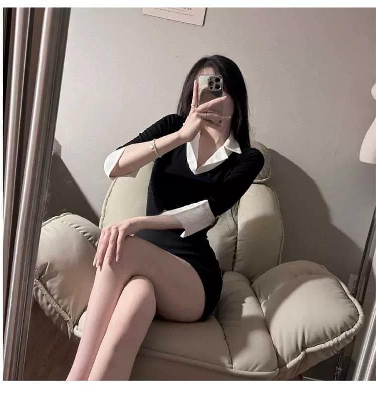 한국 동대문 새로운 품격 V넥 트임 7부 소매 셔츠 칼라 패치워크 색상 몸매 가꾸기 디스플레이 몸 다용도 티셔츠 여성 상세 이미지 5