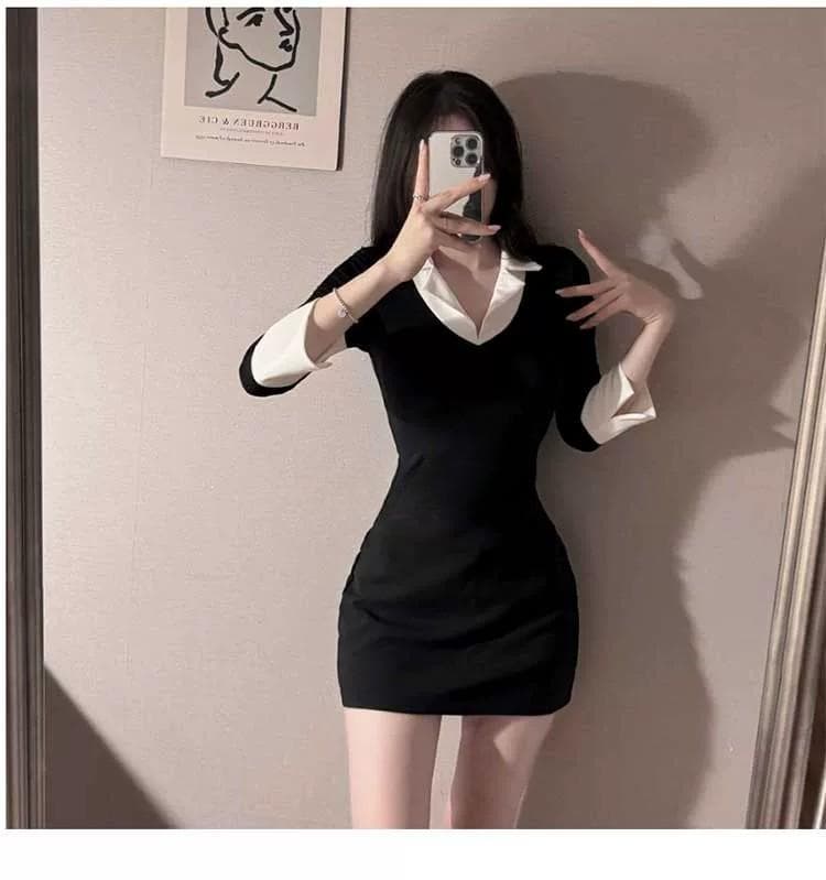 한국 동대문 새로운 품격 V넥 트임 7부 소매 셔츠 칼라 패치워크 색상 몸매 가꾸기 디스플레이 몸 다용도 티셔츠 여성 상세 이미지 7
