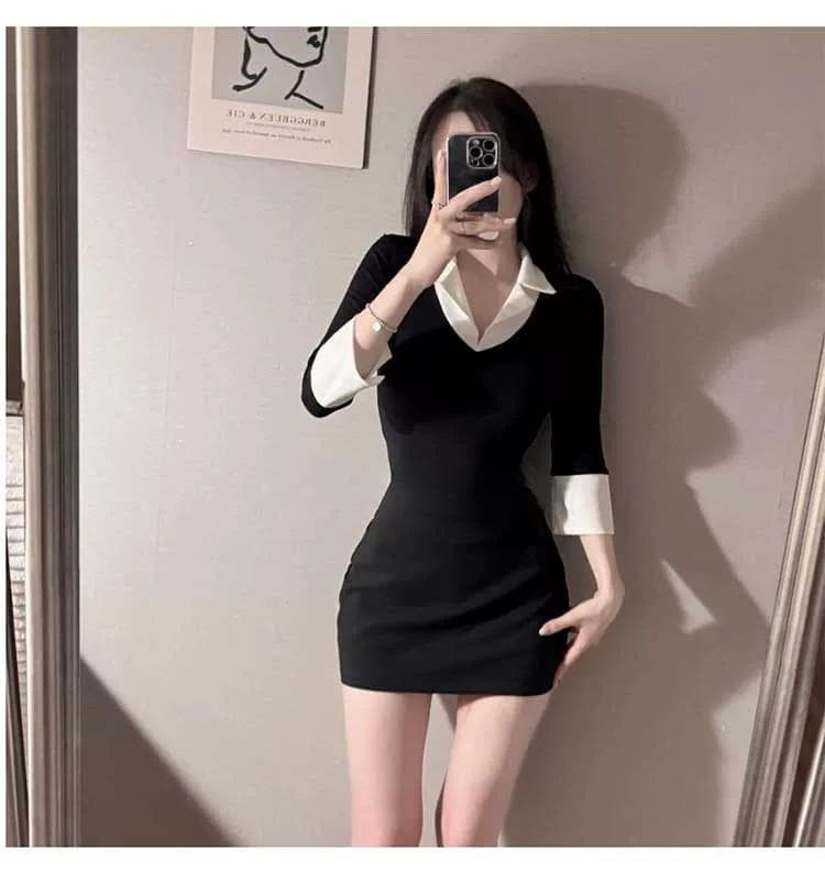 한국 동대문 새로운 품격 V넥 트임 7부 소매 셔츠 칼라 패치워크 색상 몸매 가꾸기 디스플레이 몸 다용도 티셔츠 여성 상세 이미지 8