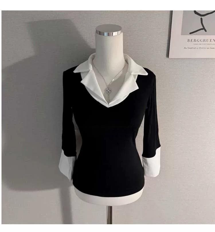 한국 동대문 새로운 품격 V넥 트임 7부 소매 셔츠 칼라 패치워크 색상 몸매 가꾸기 디스플레이 몸 다용도 티셔츠 여성 상세 이미지 9