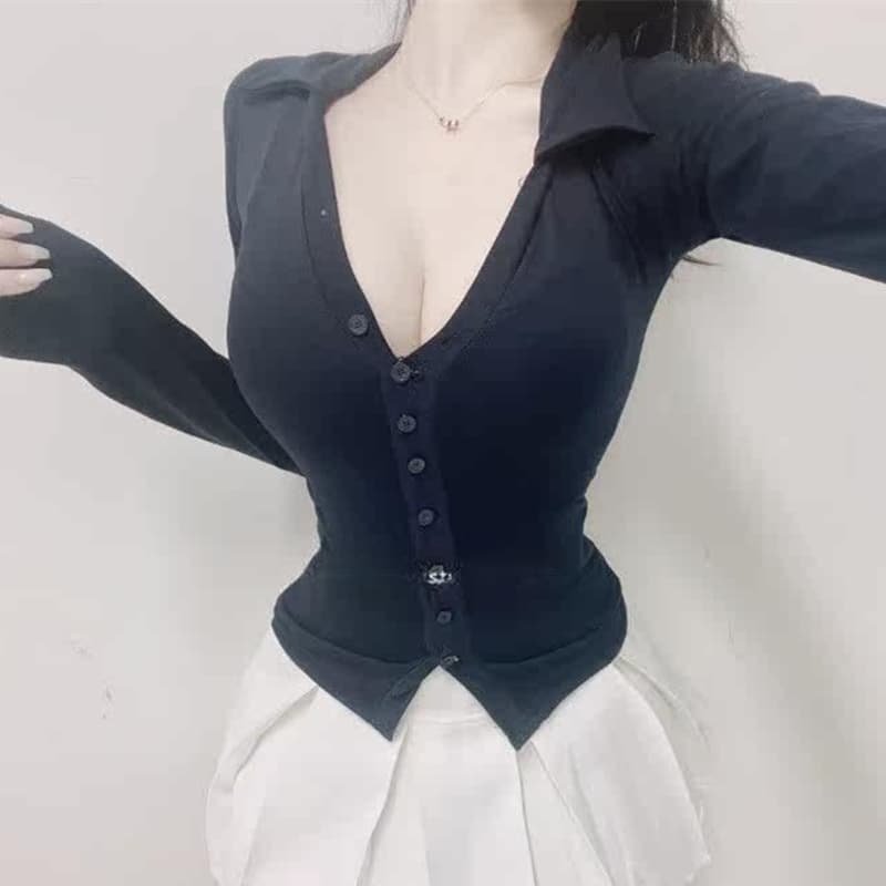 한국 동대문 새로운 폴로 칼라 품격 싱글 줄 버튼 타이트 얇은 스타일 마이크로 ~을 통해 다용도 디스플레이 몸 긴팔 티셔츠 여성 이미지 4