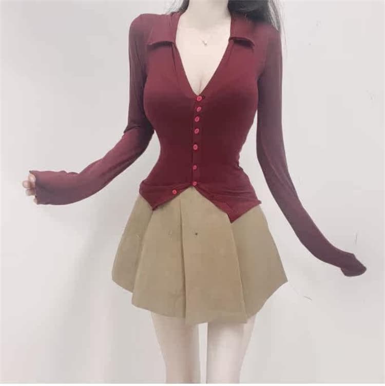 한국 동대문 새로운 폴로 칼라 품격 싱글 줄 버튼 타이트 얇은 스타일 마이크로 ~을 통해 다용도 디스플레이 몸 긴팔 티셔츠 여성 상세 이미지 3