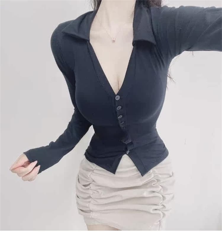 한국 동대문 새로운 폴로 칼라 품격 싱글 줄 버튼 타이트 얇은 스타일 마이크로 ~을 통해 다용도 디스플레이 몸 긴팔 티셔츠 여성 상세 이미지 9