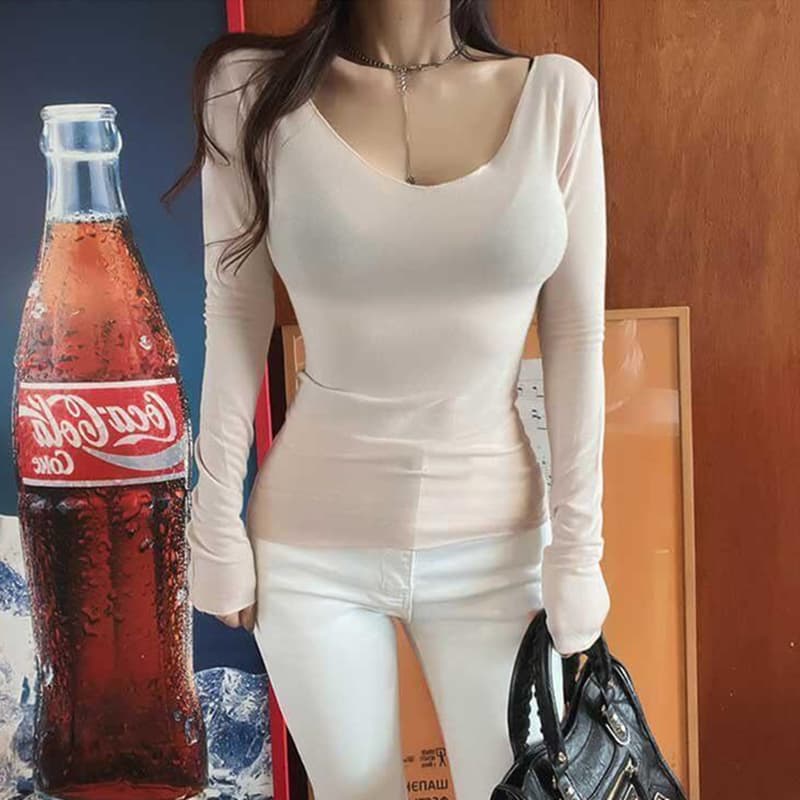 한국 동대문 새로운 품격 몸매 가꾸기 얇은 ~을 통해 마이크로 ~을 통해 다용도 디스플레이 몸 다용도 긴팔 기본 셔츠 티셔츠 여성 이미지 3