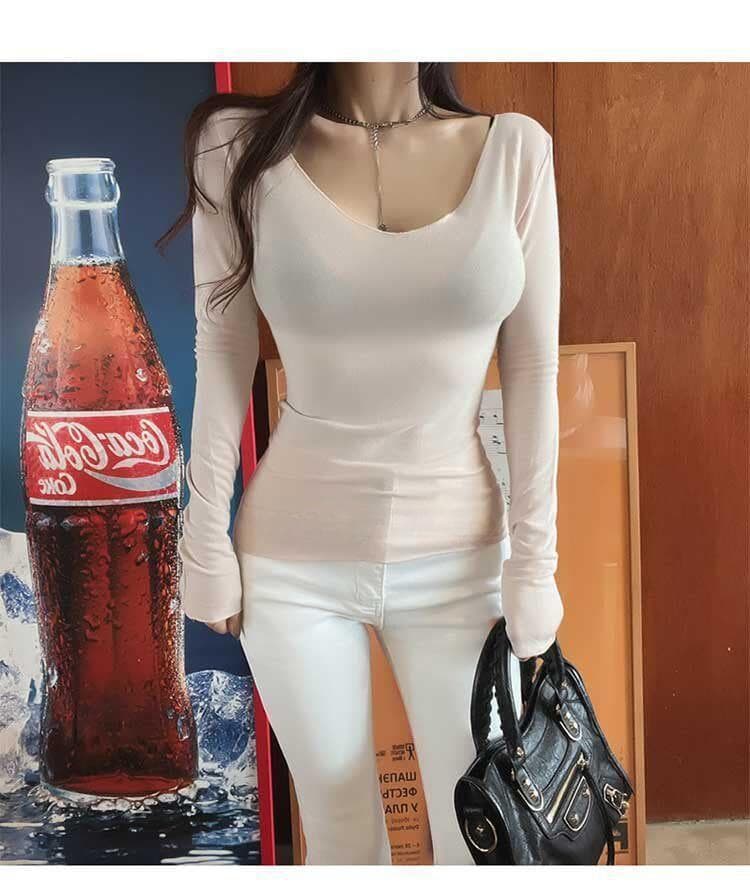 한국 동대문 새로운 품격 몸매 가꾸기 얇은 ~을 통해 마이크로 ~을 통해 다용도 디스플레이 몸 다용도 긴팔 기본 셔츠 티셔츠 여성 상세 이미지 7