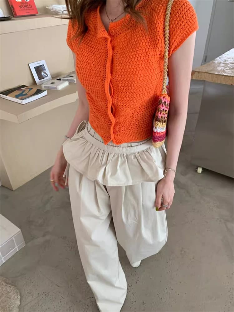 한국 동대문 새로운 품격 순수한 색상 시스템 버클 몸매 가꾸기 디스플레이 몸 통기성 다용도 반팔 니트 오픈 가디건 티셔츠 상세 이미지 15