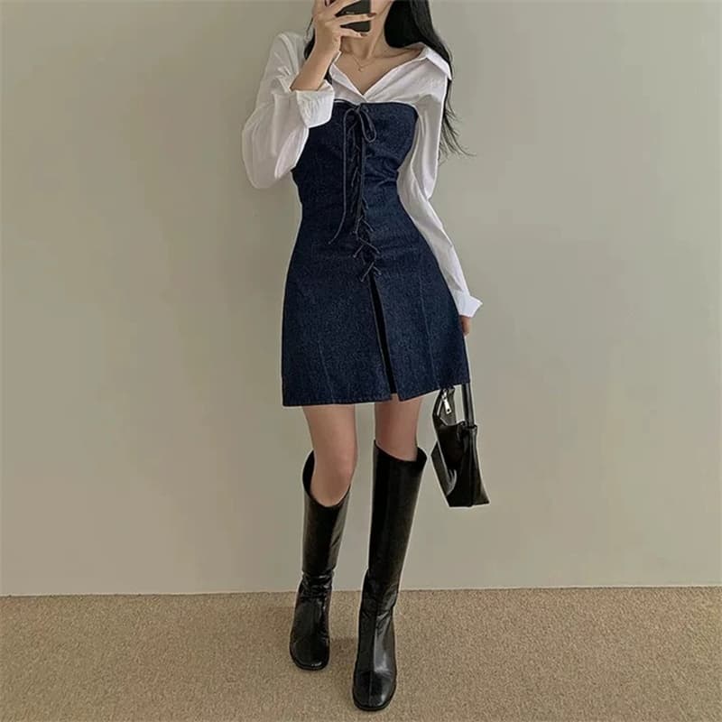 한국 동대문 새로운 품격 mo 가슴 디자인 센스 몸매 가꾸기 디스플레이 몸 레이스업 다용도 데님 점프 슈트 미니 스커트 여성 이미지 4