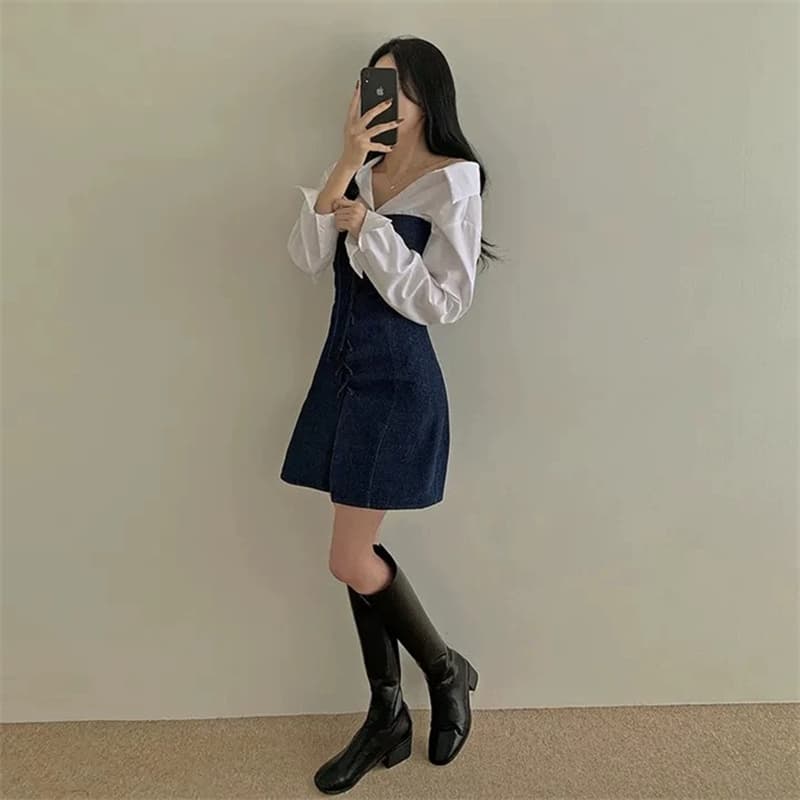 한국 동대문 새로운 품격 mo 가슴 디자인 센스 몸매 가꾸기 디스플레이 몸 레이스업 다용도 데님 점프 슈트 미니 스커트 여성 이미지 5