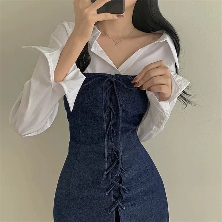 한국 동대문 새로운 품격 mo 가슴 디자인 센스 몸매 가꾸기 디스플레이 몸 레이스업 다용도 데님 점프 슈트 미니 스커트 여성 상세 이미지 8