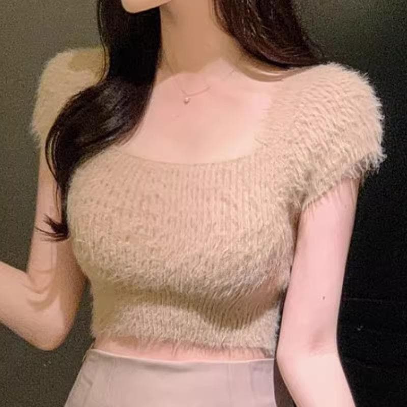 한국 동대문 봄 여름 새로운 품격 부드러운 반팔 플리스 플러시 쇼트 스타일 디스플레이 몸 다용도 니트 스웨터 티셔츠 이미지 6