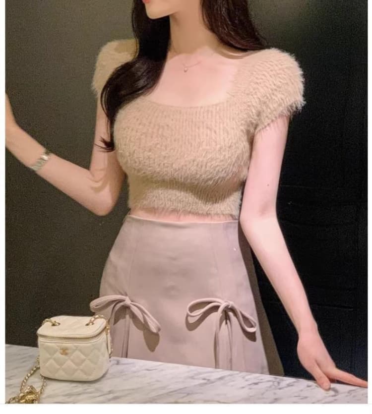 한국 동대문 봄 여름 새로운 품격 부드러운 반팔 플리스 플러시 쇼트 스타일 디스플레이 몸 다용도 니트 스웨터 티셔츠 상세 이미지 5