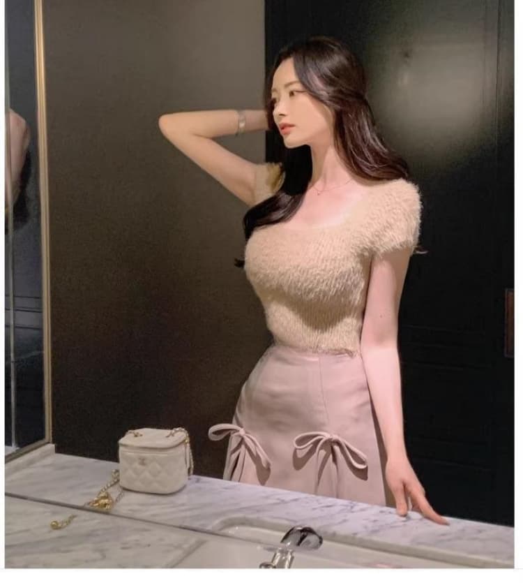 한국 동대문 봄 여름 새로운 품격 부드러운 반팔 플리스 플러시 쇼트 스타일 디스플레이 몸 다용도 니트 스웨터 티셔츠 상세 이미지 15
