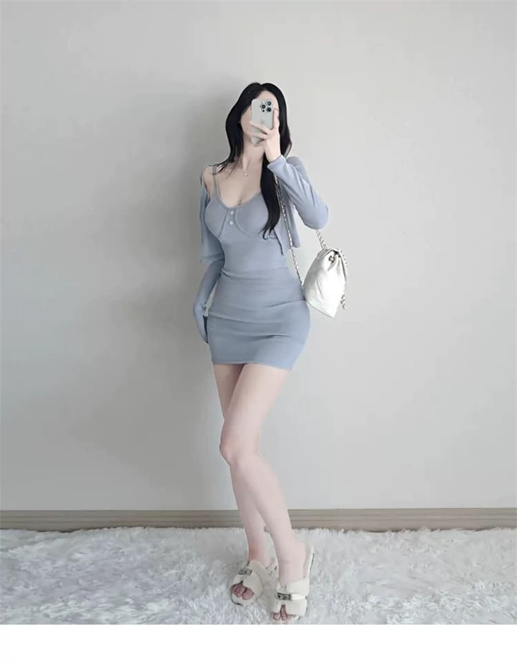 한국 동대문 새로운 품격 u 칼라 허리 수축 몸매 가꾸기 디스플레이 몸 타이트 스커트 슬립 드레스 긴팔 오픈 가디건 투피스 세트 상세 이미지 3