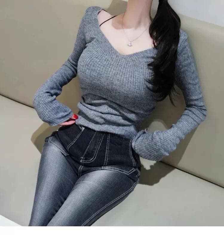 한국 동대문 가을 겨울 새로운 품격 몸매 가꾸기 디스플레이 몸 V넥 타이트 얇은 스타일 마이크로 ~을 통해 긴팔 기본 셔츠 티셔츠 상세 이미지 6