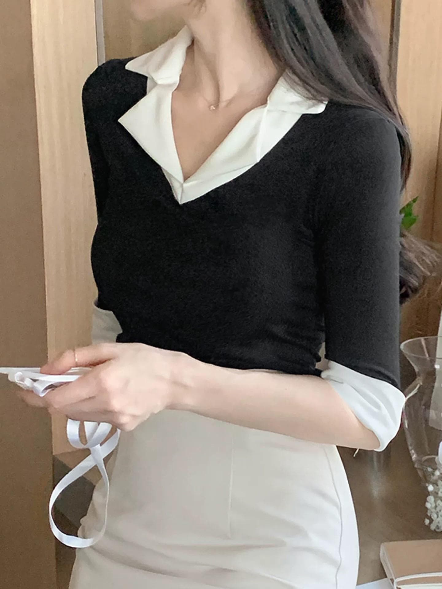 한국 봄 여름 새로운 품격 몸매 가꾸기 polo 폴로 칼라 7부 소매 얇은 스타일 마이크로 ~을 통해 몸매 가꾸기 디스플레이 몸 만나는 티셔츠 이미지 3