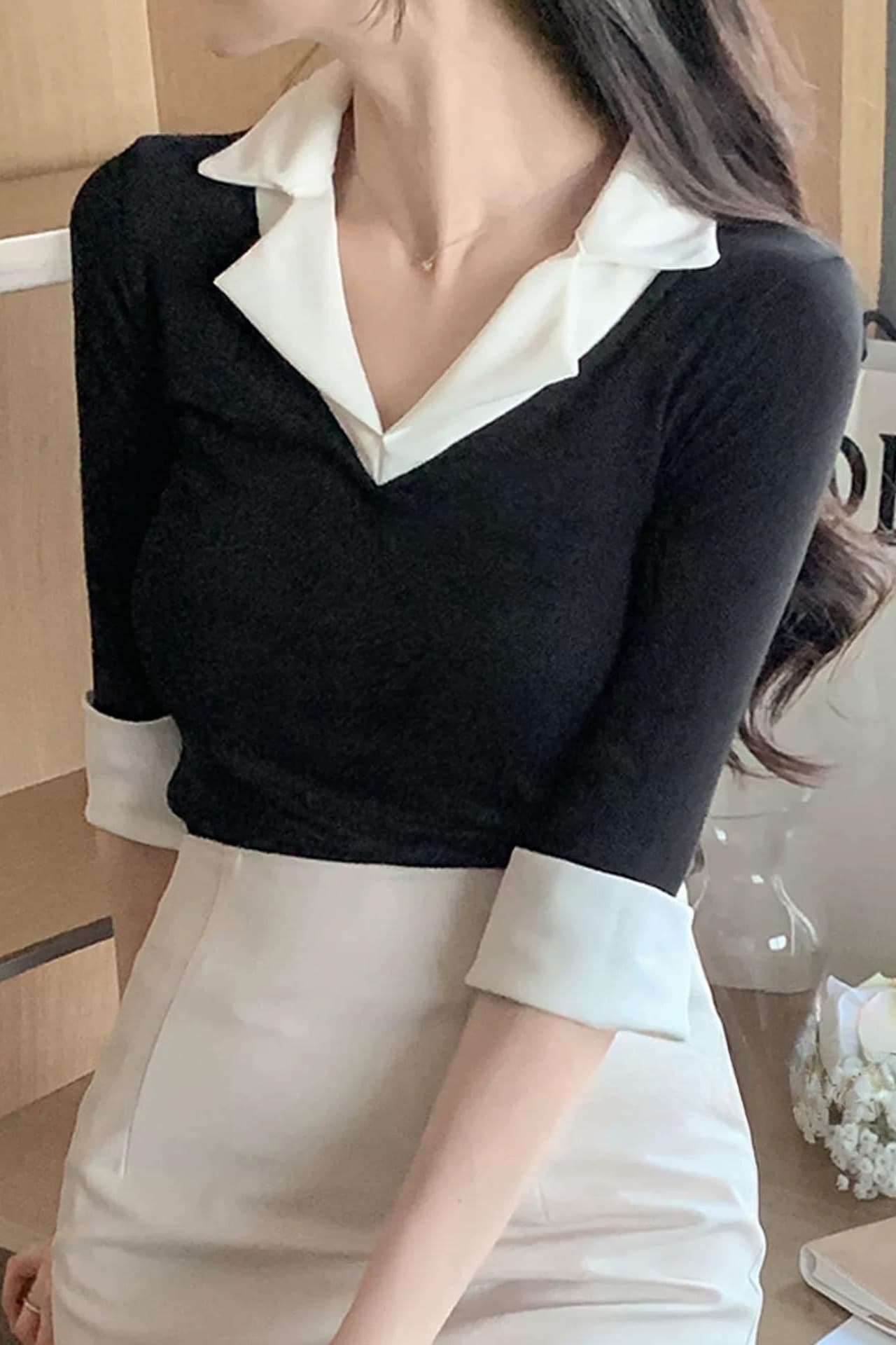 한국 봄 여름 새로운 품격 몸매 가꾸기 polo 폴로 칼라 7부 소매 얇은 스타일 마이크로 ~을 통해 몸매 가꾸기 디스플레이 몸 만나는 티셔츠 이미지 7