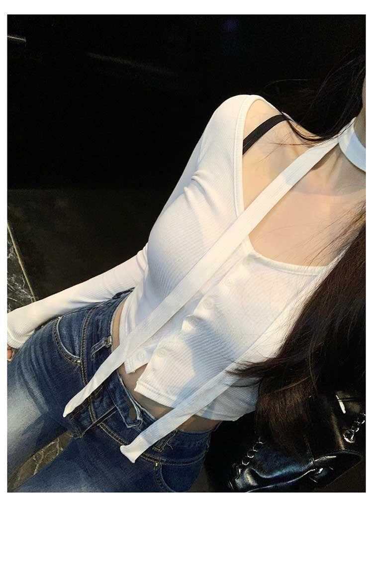 한국 동대문 새로운 품격 몸매 가꾸기 디스플레이 몸 리본 디자인 센스 타이트 쇼트 스타일 긴팔 작은 열림 셔츠 티셔츠 상세 이미지 4