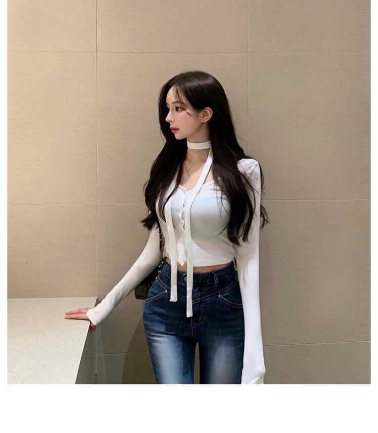 한국 동대문 새로운 품격 몸매 가꾸기 디스플레이 몸 리본 디자인 센스 타이트 쇼트 스타일 긴팔 작은 열림 셔츠 티셔츠 상세 이미지 8