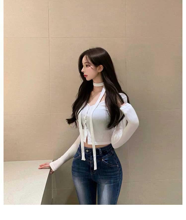 한국 동대문 새로운 품격 몸매 가꾸기 디스플레이 몸 리본 디자인 센스 타이트 쇼트 스타일 긴팔 작은 열림 셔츠 티셔츠 상세 이미지 9