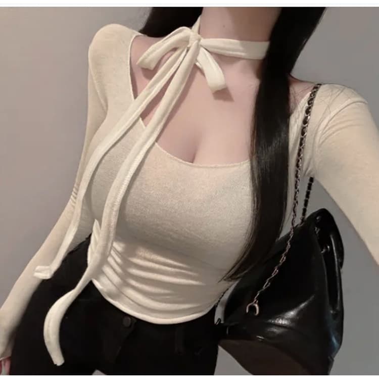 한국 동대문 봄 여름 새로운 품격 몸매 가꾸기 u 칼라 리본 얇은 스타일 마이크로 ~을 통해 디스플레이 몸 디자인 센스 긴팔 티셔츠 상세 이미지 5