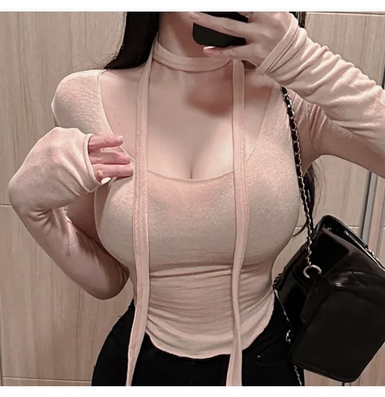 한국 동대문 봄 여름 새로운 품격 몸매 가꾸기 u 칼라 리본 얇은 스타일 마이크로 ~을 통해 디스플레이 몸 디자인 센스 긴팔 티셔츠 상세 이미지 10