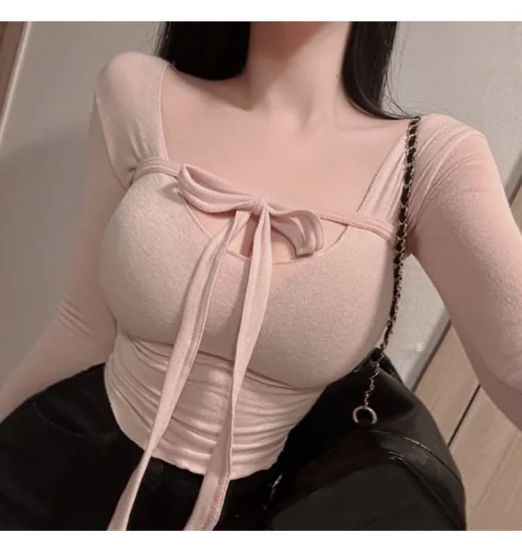 한국 동대문 봄 여름 새로운 품격 몸매 가꾸기 u 칼라 리본 얇은 스타일 마이크로 ~을 통해 디스플레이 몸 디자인 센스 긴팔 티셔츠 상세 이미지 11