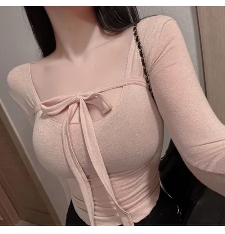 한국 동대문 봄 여름 새로운 품격 몸매 가꾸기 u 칼라 리본 얇은 스타일 마이크로 ~을 통해 디스플레이 몸 디자인 센스 긴팔 티셔츠 상세 이미지 12