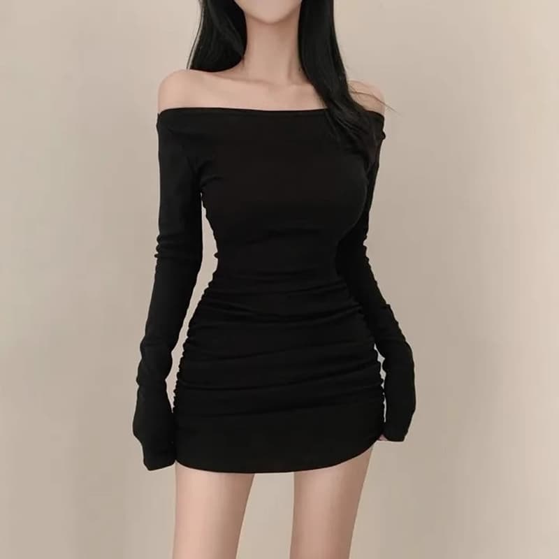 한국 동대문 새로운 품격 보트넥 수 있습니다. 비스듬한 오프숄더 몸매 가꾸기 허리 수축 주름 디스플레이 몸 타이트 스커트 드레스 이미지 3