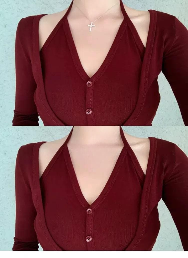 한국 동대문 새로운 품격 몸매 가꾸기 디스플레이 몸 행침 목 V넥 단추 페이크 레이어드 다용도 긴팔 오픈 가디건 티셔츠 상세 이미지 3