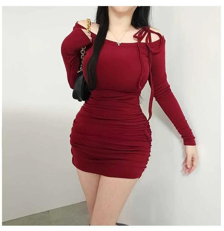 한국 동대문 새로운 품격 몸매 가꾸기 비스듬한 칼라 오프숄더 레이스업 허리 수축 주름 디스플레이 몸 타이트 스커트 점프 슈트 미니 스커트 상세 이미지 1