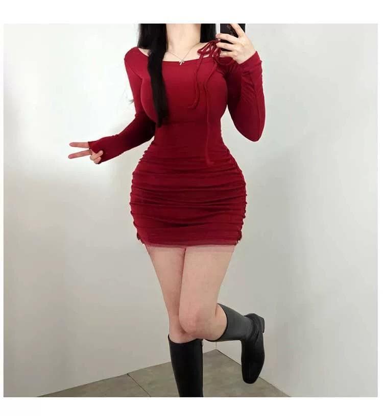 한국 동대문 새로운 품격 몸매 가꾸기 비스듬한 칼라 오프숄더 레이스업 허리 수축 주름 디스플레이 몸 타이트 스커트 점프 슈트 미니 스커트 상세 이미지 2