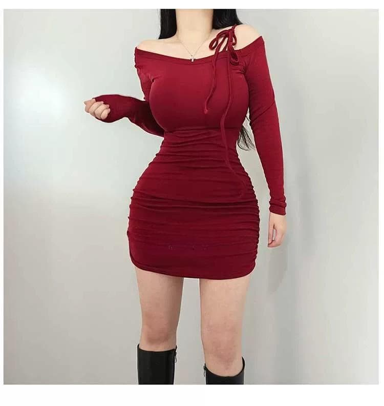 한국 동대문 새로운 품격 몸매 가꾸기 비스듬한 칼라 오프숄더 레이스업 허리 수축 주름 디스플레이 몸 타이트 스커트 점프 슈트 미니 스커트 상세 이미지 4