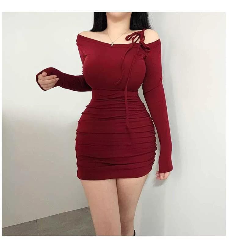 한국 동대문 새로운 품격 몸매 가꾸기 비스듬한 칼라 오프숄더 레이스업 허리 수축 주름 디스플레이 몸 타이트 스커트 점프 슈트 미니 스커트 상세 이미지 5