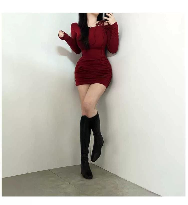 한국 동대문 새로운 품격 몸매 가꾸기 비스듬한 칼라 오프숄더 레이스업 허리 수축 주름 디스플레이 몸 타이트 스커트 점프 슈트 미니 스커트 상세 이미지 6