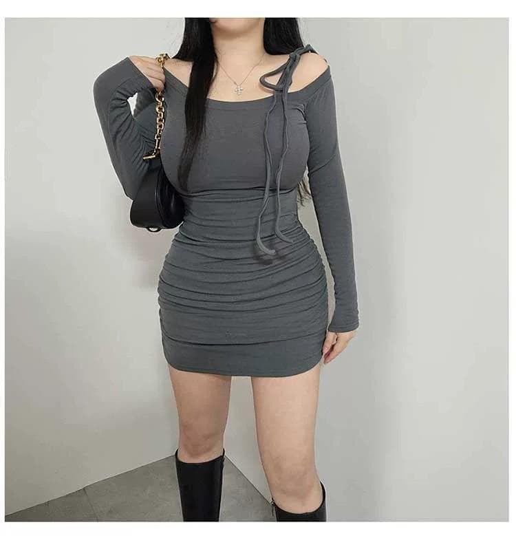 한국 동대문 새로운 품격 몸매 가꾸기 비스듬한 칼라 오프숄더 레이스업 허리 수축 주름 디스플레이 몸 타이트 스커트 점프 슈트 미니 스커트 상세 이미지 11
