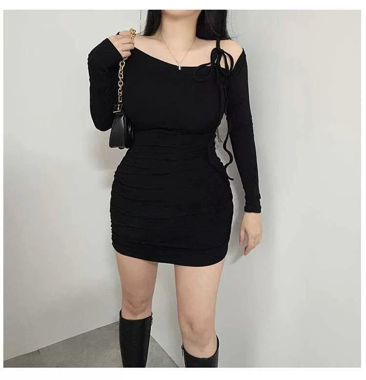 한국 동대문 새로운 품격 몸매 가꾸기 비스듬한 칼라 오프숄더 레이스업 허리 수축 주름 디스플레이 몸 타이트 스커트 점프 슈트 미니 스커트 상세 이미지 12