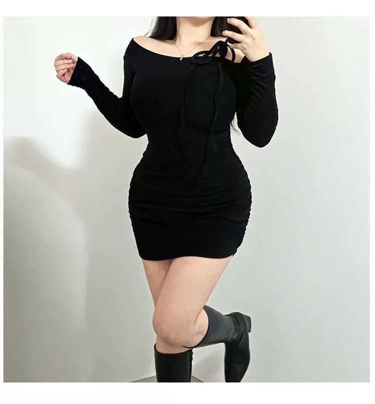 한국 동대문 새로운 품격 몸매 가꾸기 비스듬한 칼라 오프숄더 레이스업 허리 수축 주름 디스플레이 몸 타이트 스커트 점프 슈트 미니 스커트 상세 이미지 14