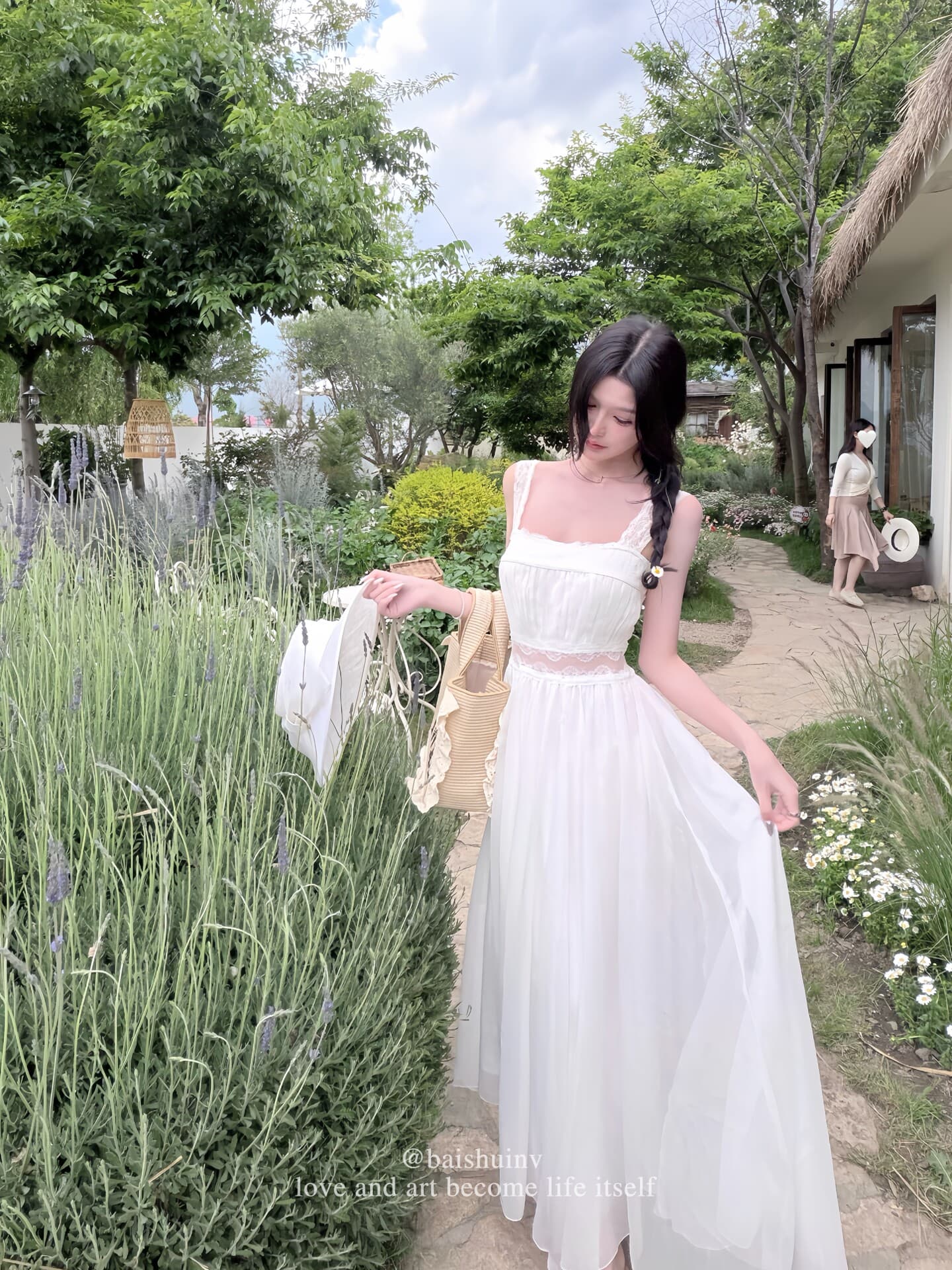 화이트 워터 여성 꽃 와 앨리스 광장 칼라 레이스 치마 여성 여름 휴가 바람 도루 센스 슬림해 보이는 큰 진자 드레스 이미지 4
