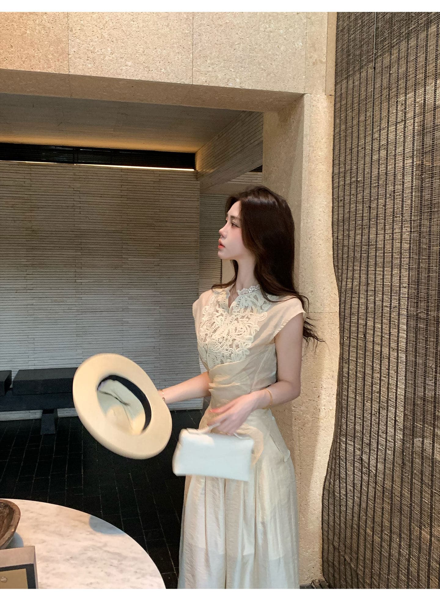 무쯔리 목자이 ~ 중 리 대나무 커튼 서식지 부드러운 디자인 센스 레이스 조각 마이크로 ~을 통해 레이스업 맨위 주간 실크 와이드 레그 팬츠 세트 이미지 3