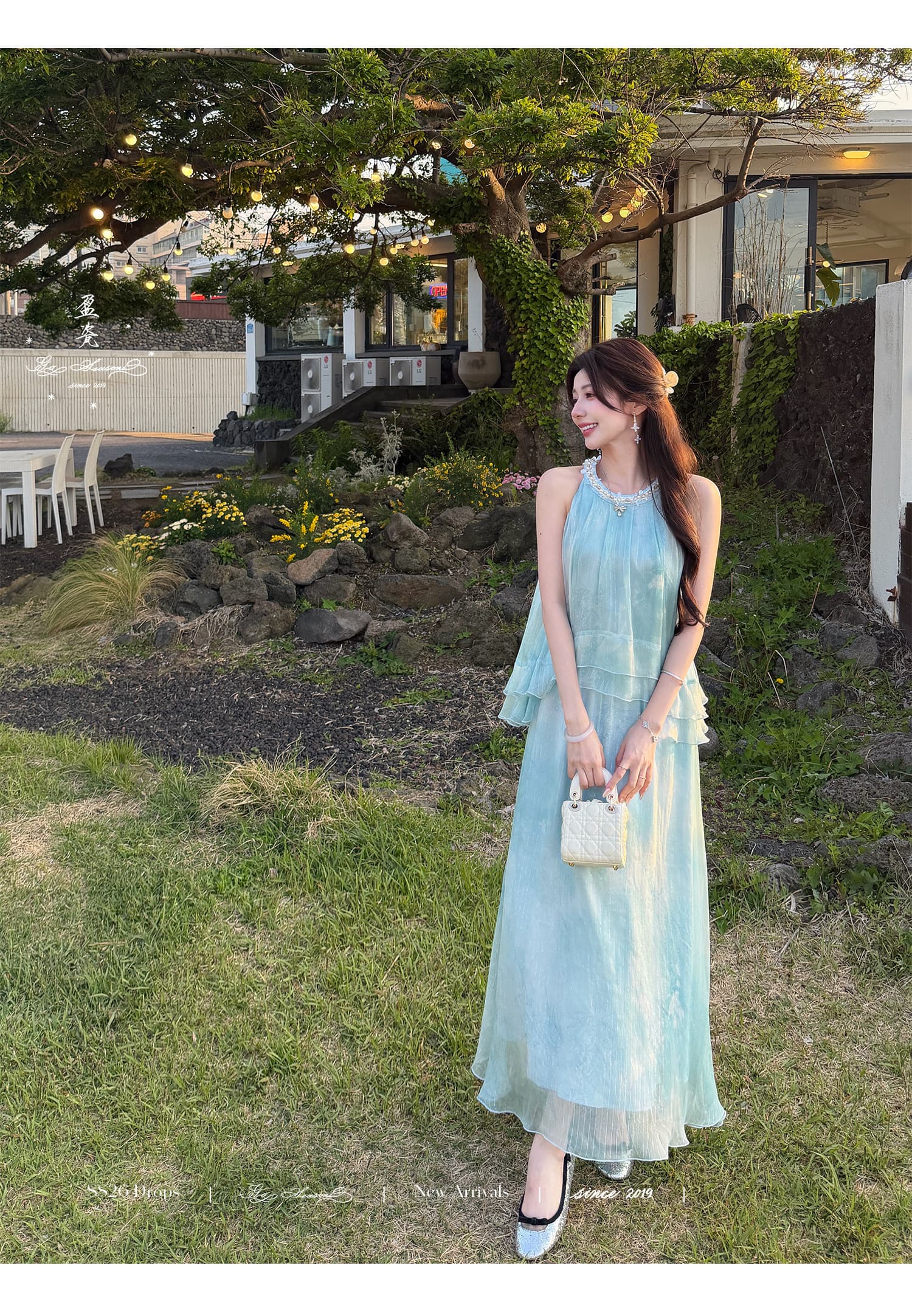 잉여금 도자기 실크 5 13 20 00 켜기 새로운 블루 안개 소문 뽕나무 누에 실크 금은 페이크 레이어드 행침 목 드레스 이미지 2