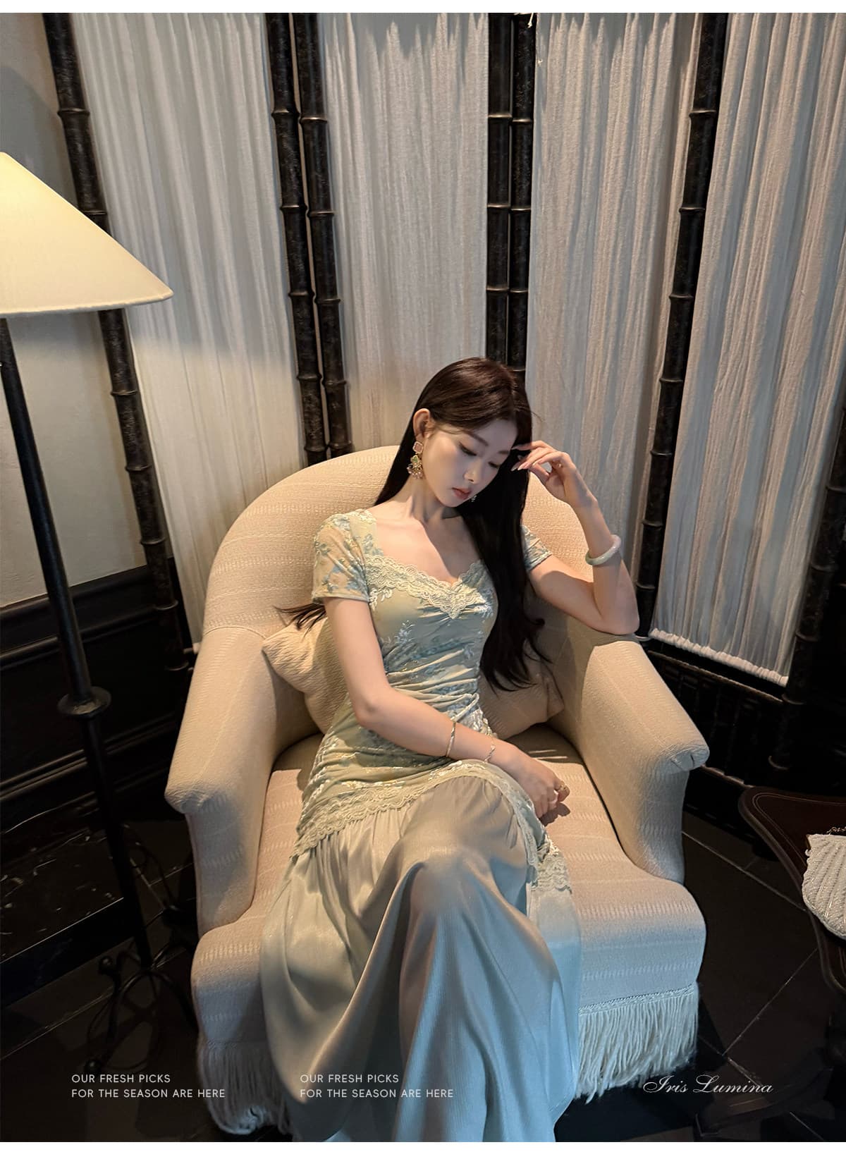 iris lumina 예약하기 어둡고 조용한 도자기 아름다움 감기 품격 드레스 여름 화상 꽃 다림질 금박 반팔 패치워크 치마 이미지 4