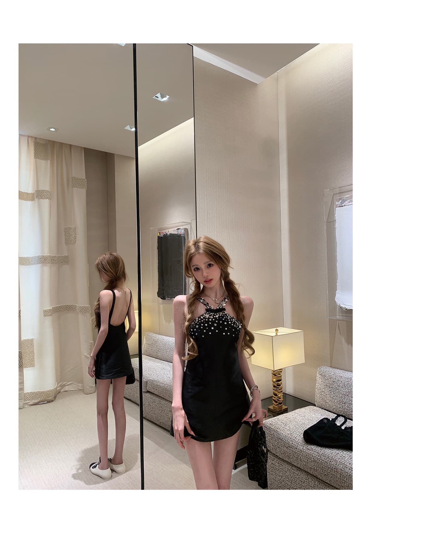 너 ~ 중 게으른 llanlondon 하트 비트 둘 색상 무거운 작업 비즈 박기 백리스 드레스 이미지 4