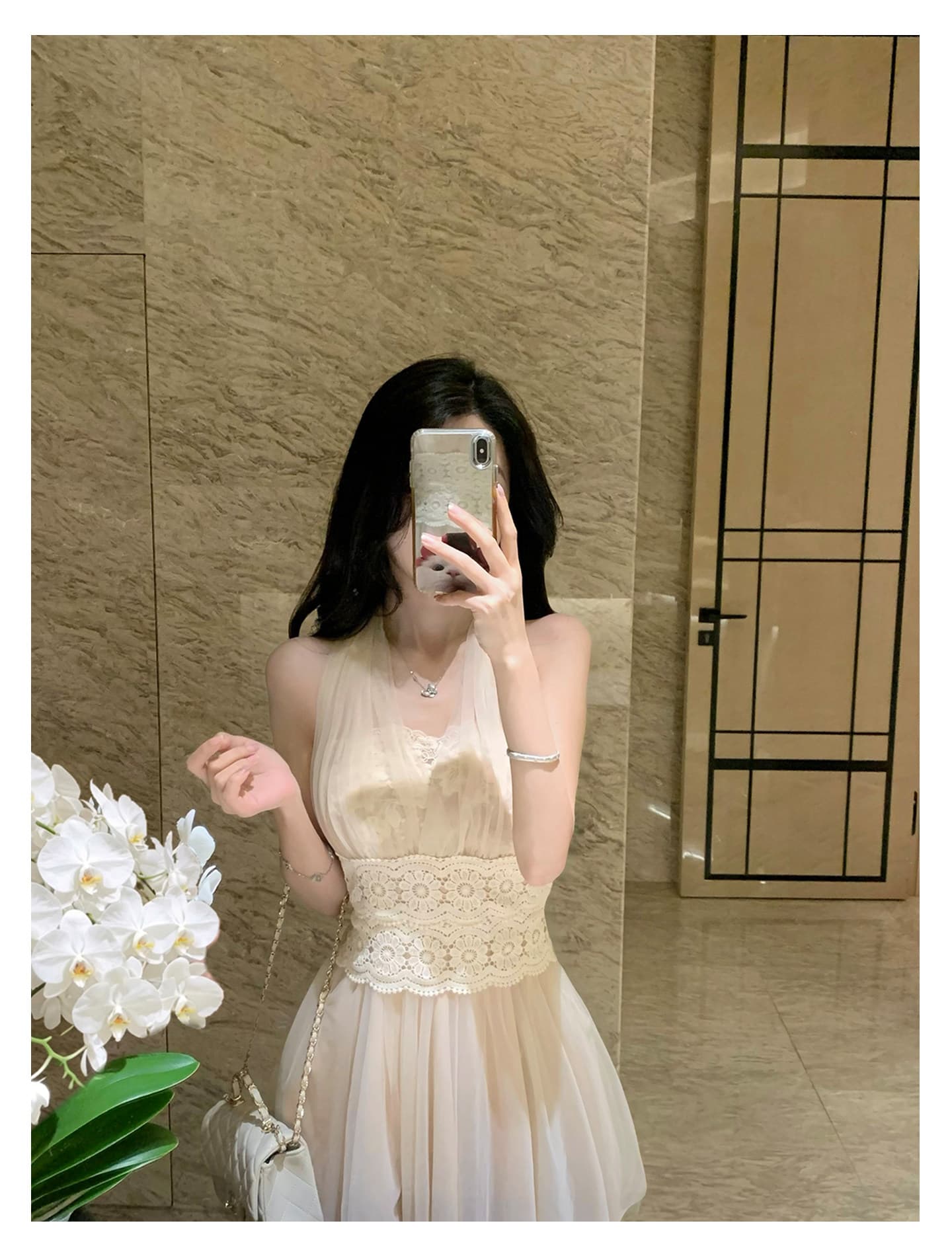 chicxixi 2026 aw 구름 바람 청 순수한 욕망 망사 레이스 조각 드레스 허리 수축 퍼프 스커트 이미지 3
